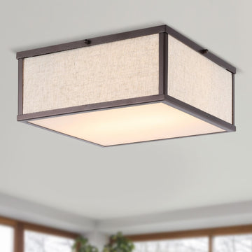 Grant 14.13" Minimalist Industrial Square Linen Iron LED Flush Mount - JONATHAN Y